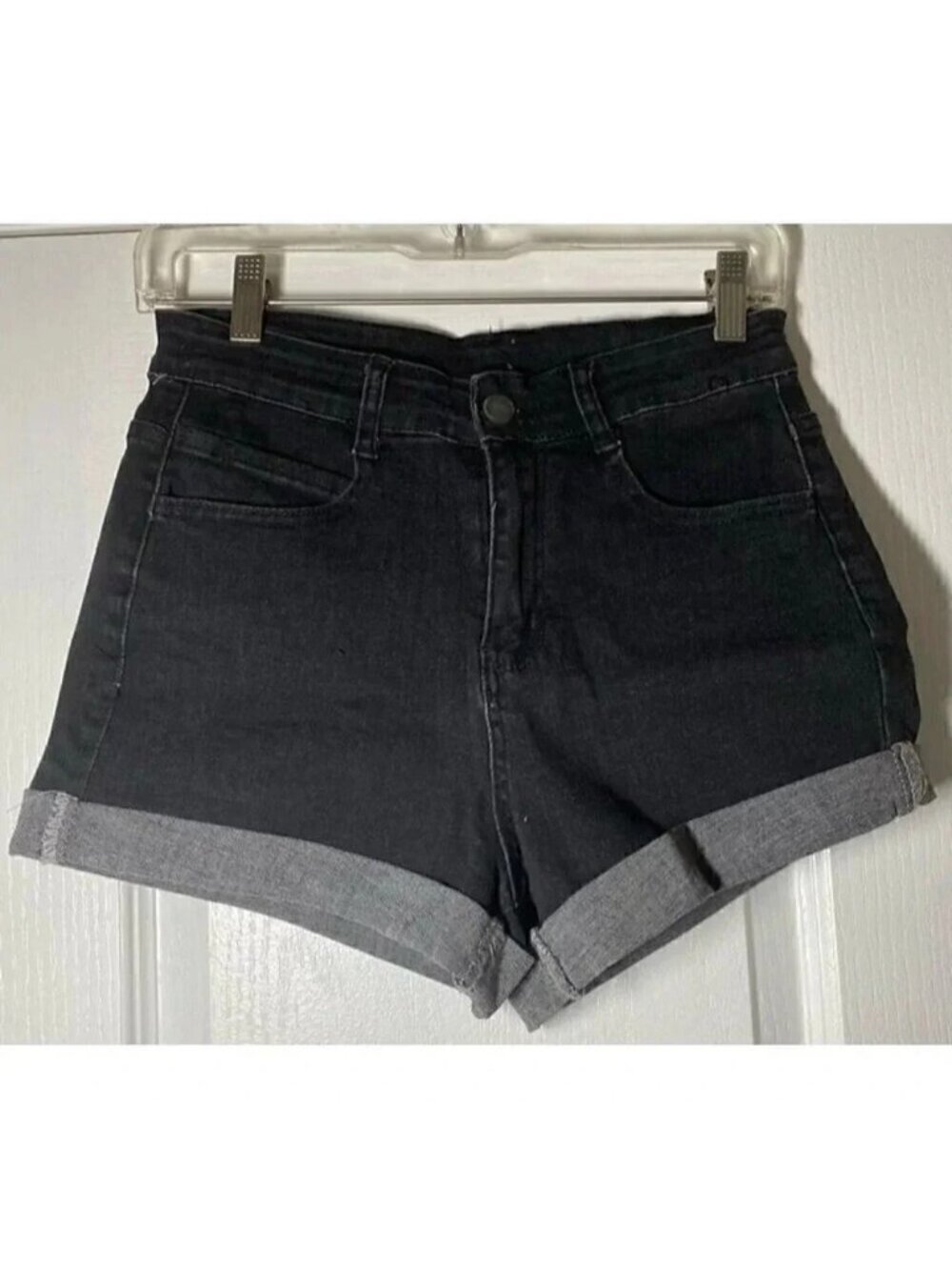 Women's Juniors Black Denim Zip Cuffed Hem Shorts